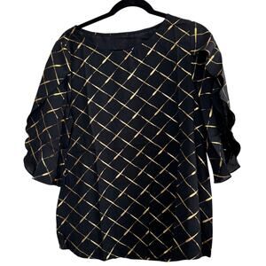 NWOT Women's Dressy Blouse Summer Chiffon Blouse Black Gold Sheer Open Sleeve M